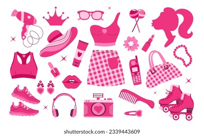 Glamorous trendy pink stickers set. Nostalgic 2000s style collection. Pink trendy set,  doll accessories and clothing. Used to create attractive jewelry, stationery.