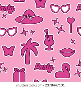 Glamoroso patrón a la moda sin fisuras de pegatinas rosas. Pegatinas, objetos aislados en un fondo rosado. árbol, globo, flor, zapato, estrella, vidrio en un estilo minimalista. para imprimir, red social.