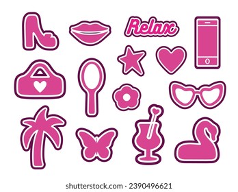 Glamorous trendy set of pink stickers. Cute stickers, objects isolated on white background. Tree, lips, flower, shoe, star, logo: collection in a minimalist style. for print, social network. barbie 