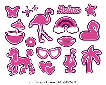 Glamorous trendy set of pink stickers. Cute stickers, objects isolated on white background. Tree, lips, flower, rainbow, star, logo: collection in a minimalist style. for print, social network. barbie