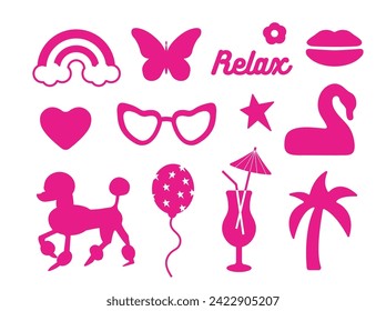 Glamorous trendy set of pink stickers. Cute stickers, objects isolated on white background.  palm tree, lips, flower, shoe, star, logo: collection in a  barbie  style. for print, social network.