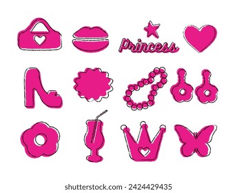 Glamorous trendy set of pink stickers. Cute stickers, objects isolated on white background. Crown, lips, flower, shoe, star, logo: collection in a doodle style. for print, social network. barbie style