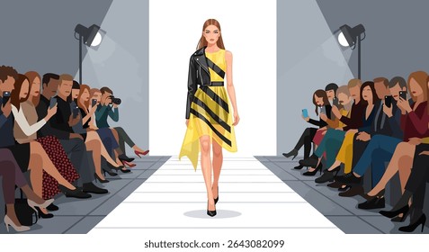 Glamorous vector illustration: A confident fashion model walks the runway in a stylish dark suit and sunglasses, illuminated by a bright spotlight, as an audience of photographers captures the moment