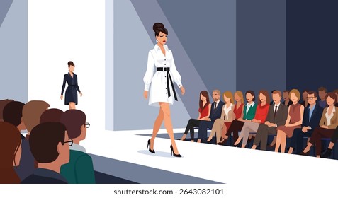 Ilustração de vetor glamourosa: Uma modelo de moda confiante caminha pela pista em um terno escuro elegante e óculos escuros, iluminados por um refletor brilhante, enquanto uma plateia de fotógrafos captura o momento