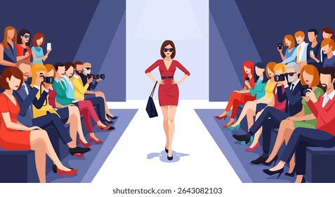 Glamorous vector illustration: A confident fashion model walks the runway in a stylish dark suit and sunglasses, illuminated by a bright spotlight, as an audience of photographers captures the moment