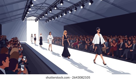 Ilustração de vetor glamourosa: Uma modelo de moda confiante caminha pela pista em um terno escuro elegante e óculos escuros, iluminados por um refletor brilhante, enquanto uma plateia de fotógrafos captura o momento