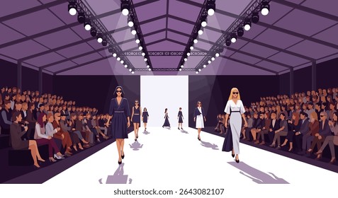 Glamorous vector illustration: A confident fashion model walks the runway in a stylish dark suit and sunglasses, illuminated by a bright spotlight, as an audience of photographers captures the moment