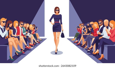 Glamorous vector illustration: A confident fashion model walks the runway in a stylish dark suit and sunglasses, illuminated by a bright spotlight, as an audience of photographers captures the moment
