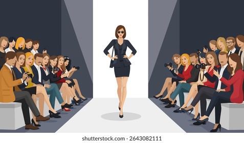 Glamorous vector illustration: A confident fashion model walks the runway in a stylish dark suit and sunglasses, illuminated by a bright spotlight, as an audience of photographers captures the moment
