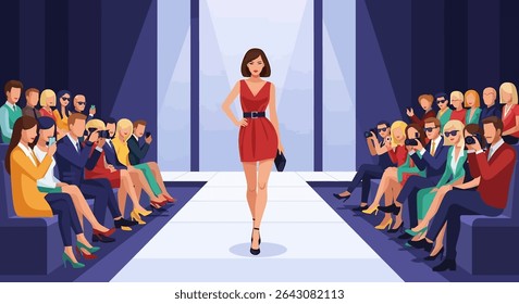Glamorous vector illustration: A confident fashion model walks the runway in a stylish dark suit and sunglasses, illuminated by a bright spotlight, as an audience of photographers captures the moment