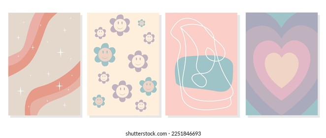 Ilustración vectorial glamorosa en el estilo Y2k. Conjunto de afiches con impresión geométrica, abstracta y gradiente. Adecuado para decoración doméstica, arte en la pared, cubiertas e impresiones para testículos.