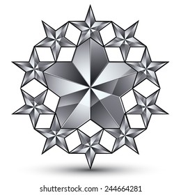 Glamorous vector rounded template with pentagonal silvery stars, graphic design. Conceptual gray 3d heraldic icon, clear eps8 vector symbol.