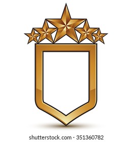 Glamorous vector template with five pentagonal golden stars, festive shield symbol, best for use in web and graphic design. Conceptual heraldic icon, clear eps8 vector.