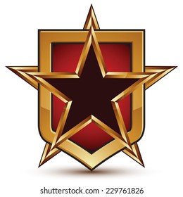 Glamorous vector template with pentagonal golden star symbol placed on a shield, graphic design element. Conceptual heraldic icon, clear eps8 vector.