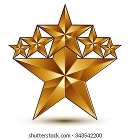Glamorous vector template with pentagonal golden star symbol, best for use in web and graphic design. Conceptual 3d heraldic icon, clear eps8 vector.