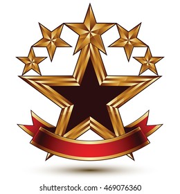 Glamorous vector template with pentagonal golden stars, best for use in web and graphic design. Conceptual heraldic icon with red curved ribbon, clear eps8 vector.