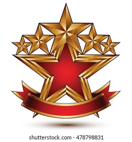 Glamorous vector template with pentagonal golden stars, best for use in web and graphic design. Conceptual heraldic icon with red curved ribbon, clear eps8 vector.