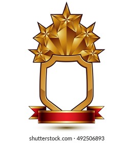 Glamorous vector template with pentagonal golden stars, best for use in web and graphic design. Conceptual heraldic icon with red curved ribbon, clear eps8 vector.