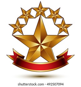 Glamorous vector template with pentagonal golden stars, best for use in web and graphic design. Conceptual heraldic icon with red curved ribbon, clear eps8 vector.