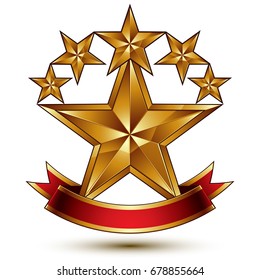 Glamorous vector template with pentagonal golden stars, best for use in web and graphic design. Conceptual heraldic icon with red curved ribbon, clear eps8 vector.