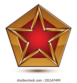 Glamorous vector template with pentagonal red star with golden borders placed on a polygonal object, graphic design element. Conceptual decorative icon, clear eps8 vector seal.