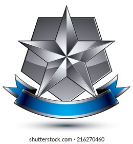 Glamorous vector template with pentagonal silver star symbol, best for use in web and graphic design. Conceptual defense heraldic icon with wonderful smooth strip, clear eps8 vector.