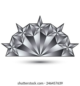 Glamorous vector template with pentagonal silvery stars, graphic design. Conceptual gray 3d heraldic icon, clear eps8 vector symbol.