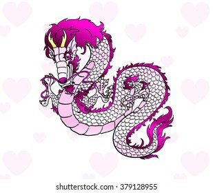 Glamorous white (with pink) metal an Asian dragon against hearts