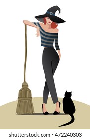 Glamorous witch. Broom & Cat