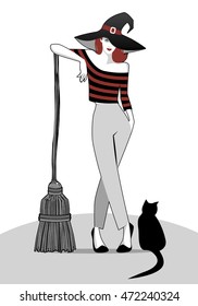 Glamorous witch. Broom & Cat