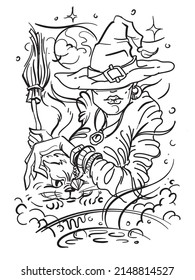 Glamorous Witch with a cat and broom. Walpurgis night. Witch potions. Graphic drawing for Halloween. Magic night. Mystical event