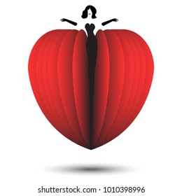 A glamorous woman emerges from the folds of a paper cutout  heart in a minimalist romantic illustration.