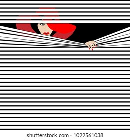 A glamorous woman peeks out from behind a pattern of horizontal stripes in a minimalist fashion and beauty illustration.