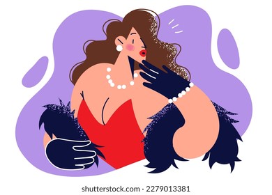 Glamorous woman in red dress with deep neckline with cape made of natural fur looks around at party. Glamorous girl in elegant outfit for attending dinner parties and prestigious banquets 