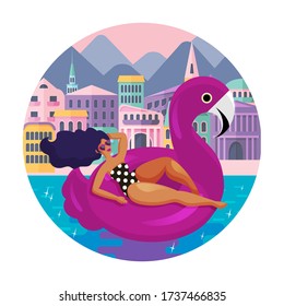 Glamorous woman resting in swimming circle in form of pink flamingo on background of hotels and villas.  Beach activities, swimming accessories. Cartoon flat style. Round vector illustration