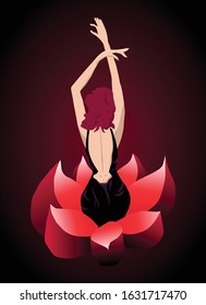 Glamorous woman rising up from a red flower. Love and reborn idea