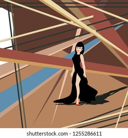 A glamorous woman stands amid randomly arranged angular shapes in a surreal beauty and fashion illustration.