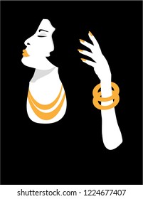 A glamorous woman with stylish yellow jewelry is featured in a minimalist fashion and beauty illustration.