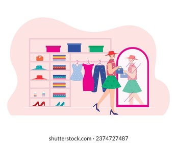 A glamorous woman wearing a dress, hat and high heels is reflecting in a wadrobe room. Character design. Vector flat illustration