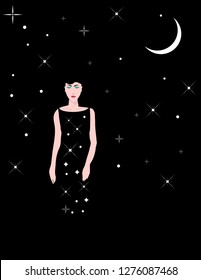 A glamorous woman wears a dress made of stars in a minimalist surreal fashion and beauty illustration.