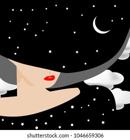 A glamorous woman's blouse and stylish hat are adorned with celestial objects in a surreal minimalist fashion and beauty illustration.