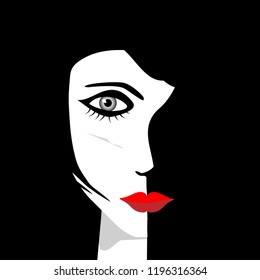 A glamorous woman's face is featured in a minimalist chiaroscuro fashion and beauty illustration.