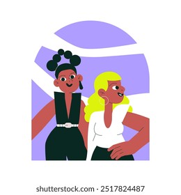 Glamorous women standing side by side, one with blonde hair and the other with dark hair styled in buns. Flat vector illustration representing friendship, fashion, and diversity