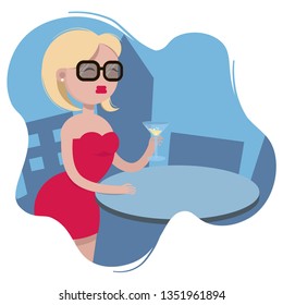 A glamorous young girl, wearing sunglasses, and holds a drink in her hand. Vector illustration in flat style