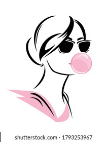 glamorous young woman wearing sunglasses blowing pink bubble gum - summer time fun vector portrait