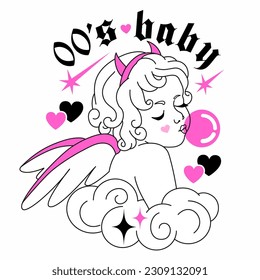 Glamour 00's baby angel with bubble gum. Y2K gothic aesthetic cupid. Cute glam goth girl with pink wings, funny horns, hearts. Fun weird character and slogan. 90s, 00s graphic, anti valentine style. svg