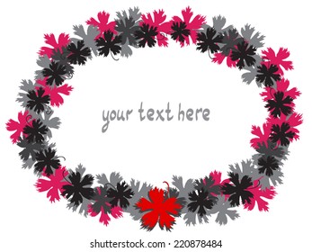 Glamour Autumn Floral background with maple leaf wreath, red, black and pink. Vector silhouette. Leaf frame isolated on white. As page design element, for craft paper, scrapbook.