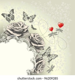 Glamour background with lacy frame, red hearts, flying butterflies, dragonflies. Hand drawing. Vector.