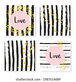 Glamour Background. White Romantic Particle. Hand Drawn Wallpaper Set. Black Polka Painting. Golden Nursery Element. Branding Design. Stripe Party Spray. Stripe Glamour Background