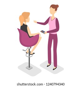 Glamour beauty salon with make up artist and client. Female professional worker applying cosmetics with brush. Woman sitting in chair. Isolated vector isometric illustration